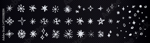 Set of white snowflakes and stars on transparent background. Festive doodle elements for winter and holiday designs.