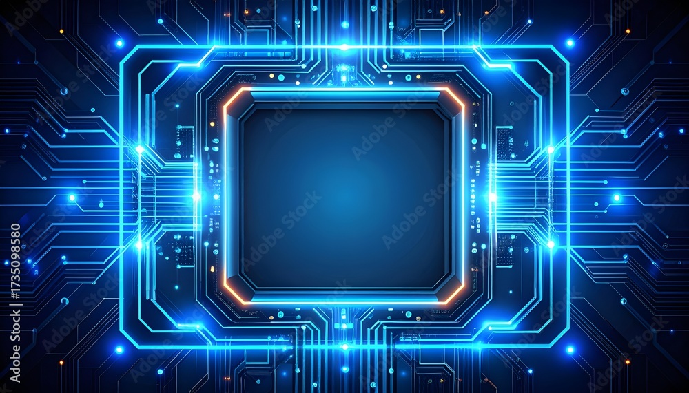 Fototapeta premium Futuristic neon blue glowing frame with digital cyber effect
