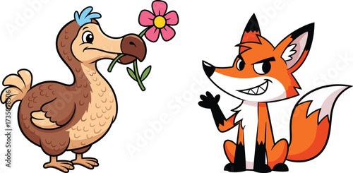 Cute cartoon dodo bird holding flower and funny fox character vector illustration, adorable animal artwork, children design, mascot drawing, kids clipart