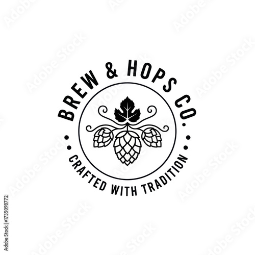 A circular black and white logo for Brew & Hops Co. featuring a hop plant illustration and the text "Brew & Hops Co. Crafted With Tradition".