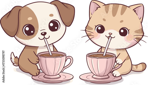Cute cartoon dog and cat drinking coffee together, kawaii animal friends illustration vector artwork, adorable pet character design for children