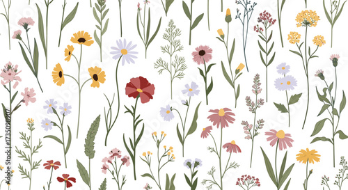 A charming collection of wildflowers and delicate green foliage in a whimsical pattern.