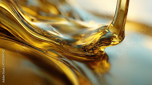 Olive or engine oil splash with wave motion concept. Close-up of smooth golden liquid flowing gracefully.