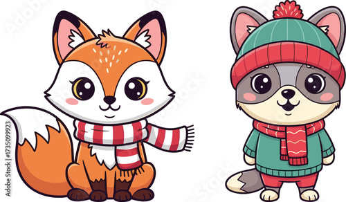 Cute cartoon fox wearing red scarf and adorable raccoon in winter hat and sweater, kawaii animal illustration, vector art, white background