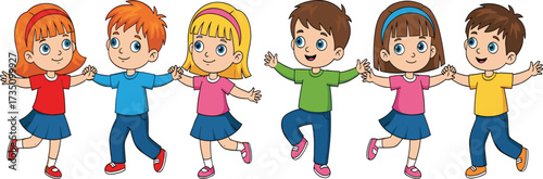 Cartoon children holding hands dancing together, happy boys and girls smiling, friendship playtime activity, joyful childhood fun illustration, kids celebration