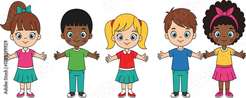 Cartoon children standing together smiling, diverse boys and girls with open arms, happy kids friendship illustration, multicultural childhood unity concept