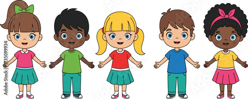 Cartoon children standing together, diverse boys and girls smiling with open arms, multicultural happy kids illustration, childhood friendship and unity concept