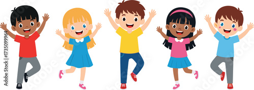 Group of happy cartoon kids jumping, smiling children playing together, fun childhood illustration, diverse characters, joy, friendship, lifestyle, activity
