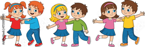 Happy cartoon children dancing in pairs, boys and girls smiling together, kids friendship activity, fun playtime illustration, joyful childhood moment
