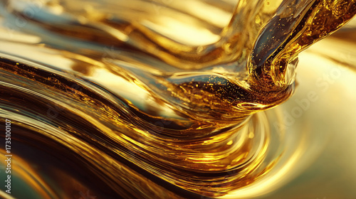 Olive or engine oil splash with wave motion concept. Golden liquid flowing smoothly, creating an elegant and rich texture.