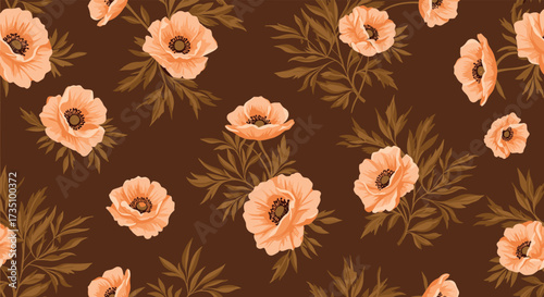 A detailed close up view of delicate salmon colored flowers with intricate dark leaves on a deep brown background.