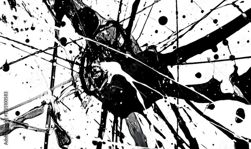 Abstract black ink splatter pattern design on white background