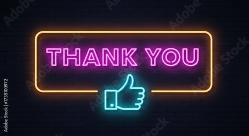 Thank You Neon Sign with Thumbs Up Gesture on Dark Brick Wall.