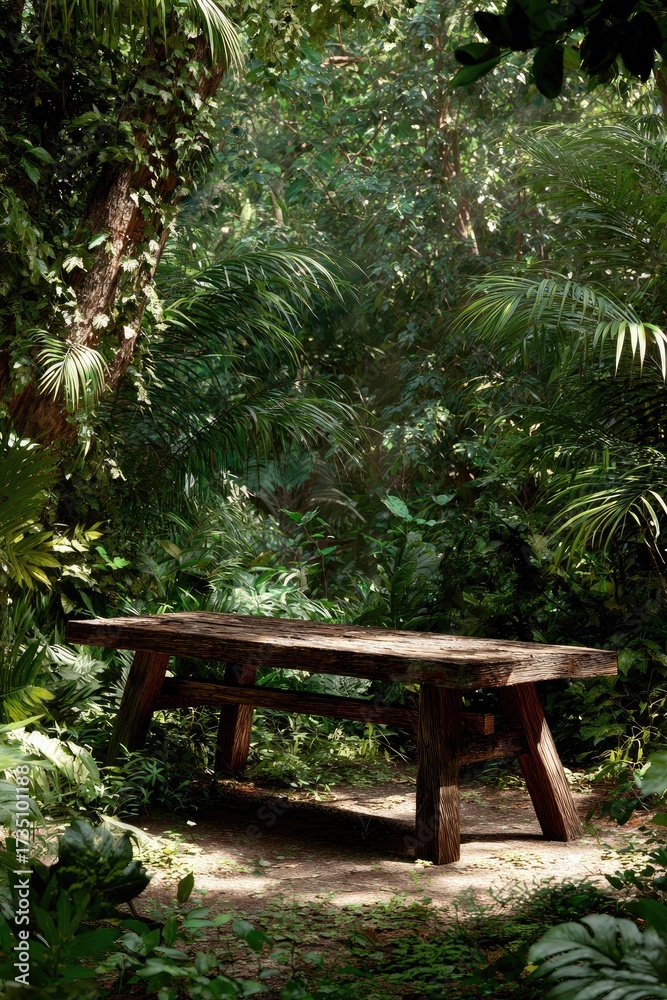 Naklejka premium Rustic Wooden Table In Lush Forest