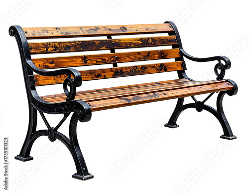 A wooden park bench with ornate black ironwork on a transparent background