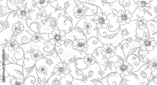 A delicate vintage floral pattern with swirling vines and intricate botanical details.