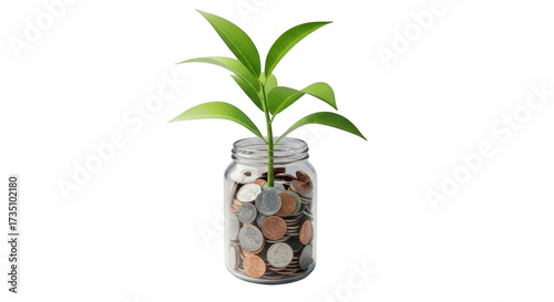 Plant growing from coins isolated on transparent background