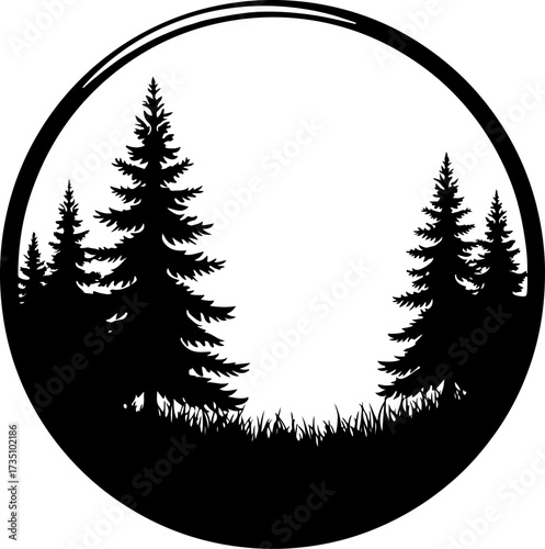 circle logo silhouette of pine tree , tree, winter, snow, fir, vector, forest, illustration, pine, trees, holiday, nature, xmas, green, celebration, tree, wood, spruce, season, new year, landscape, ar