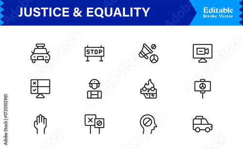 Justice And Equality Professional Line Icon Collection – Modern, Minimal, Pixel-Perfect Legal Symbols With Editable Outline Style for Premium Use