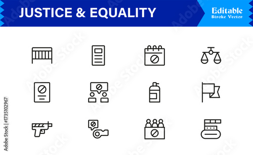 Justice And Equality Professional Line Icon Collection – Modern, Minimal, Pixel-Perfect Legal Symbols With Editable Outline Style for Premium Use