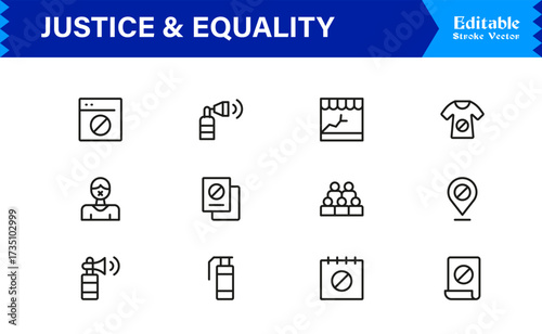 Justice And Equality Professional Line Icon Collection – Modern, Minimal, Pixel-Perfect Legal Symbols With Editable Outline Style for Premium Use