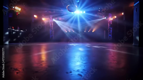 Illuminated Empty Dance Floor with Blue and Red Light and Disco Ball