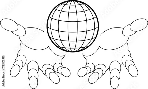 Global responsibility concept: Stylized hands cradling a wireframe earth globe illustration, minimalist black and white line art