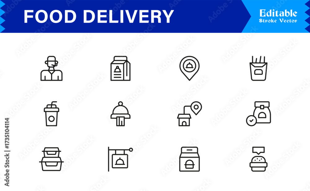 Food Delivery Line Icon Set Modern Minimal Outline Symbols for Online Orders and Takeout Food Delivery Line Icon Set Modern Minimal Outline Symbols for Online Orders and Takeout