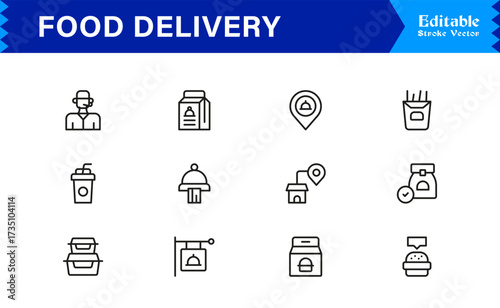 Food Delivery Line Icon Set Modern Minimal Outline Symbols for Online Orders and Takeout