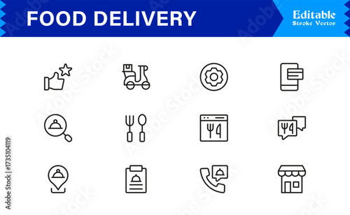 Food Delivery Line Icon Set Modern Minimal Outline Symbols for Online Orders and Takeout