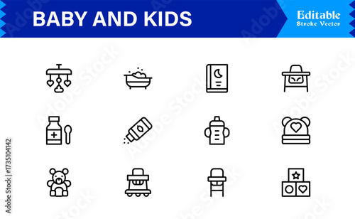 Baby And Kids Parenting Line Icon Set Modern, Minimal, Pixel Perfect, And Editable Outline Symbols For Family Themes