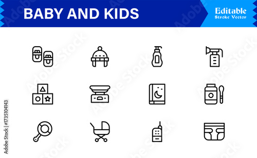 Baby And Kids Parenting Line Icon Set Modern, Minimal, Pixel Perfect, And Editable Outline Symbols For Family Themes