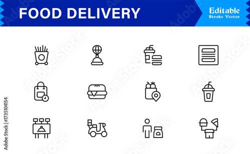 Food Delivery Line Icon Set Modern Minimal Outline Symbols for Online Orders and Takeout
