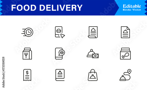 Food Delivery Line Icon Set Modern Minimal Outline Symbols for Online Orders and Takeout