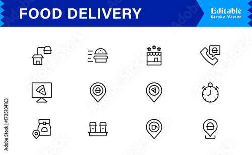 Food Delivery Line Icon Set Modern Minimal Outline Symbols for Online Orders and Takeout