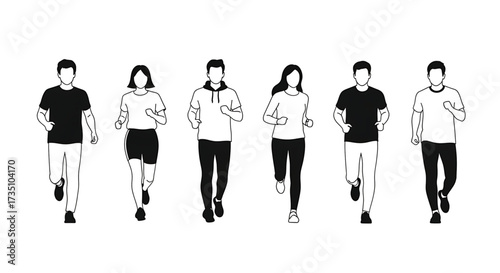 Vector silhouette illustration of a group of people, men and women, walking, shopping, and modeling in black fashion styles