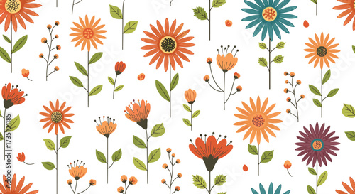 A charming seamless pattern featuring a delightful collection of whimsical floral illustrations in a vibrant autumnal color palette.