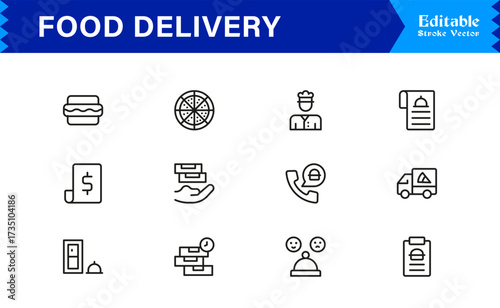 Food Delivery Line Icon Set Modern Minimal Outline Symbols for Online Orders and Takeout