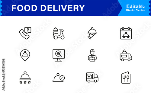 Food Delivery Line Icon Set Modern Minimal Outline Symbols for Online Orders and Takeout