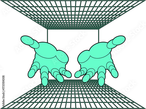Abstract hands reaching out from a digital grid perspective illustration