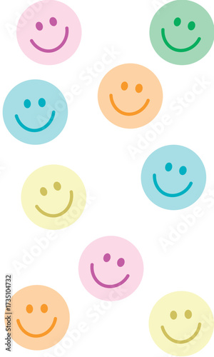 imagen vertical con fondo blanco de caritas felices de colores pastel 