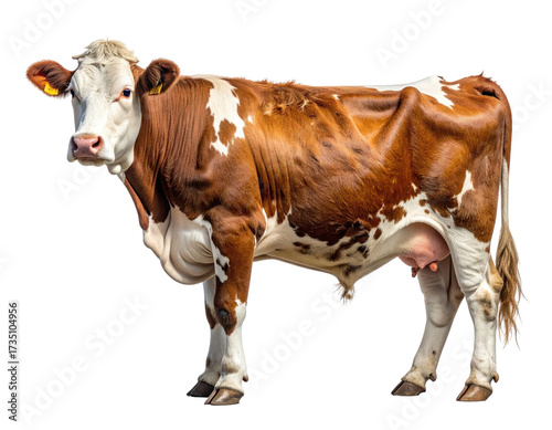 Brown and white bovine isolated on a black background, facing forward