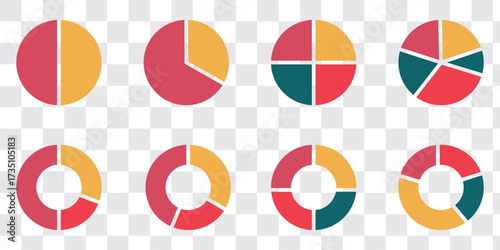Circle division infographic icon set. Pie chart divided. Color pizza or donut round diagram. Infographic wheel segment and fraction. Vector illustration isolated on white background.