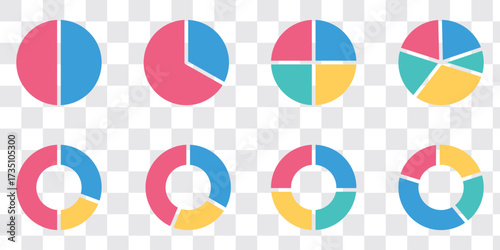 Circle division infographic icon set. Pie chart divided. Color pizza or donut round diagram. Infographic wheel segment and fraction. Vector illustration isolated on white background.