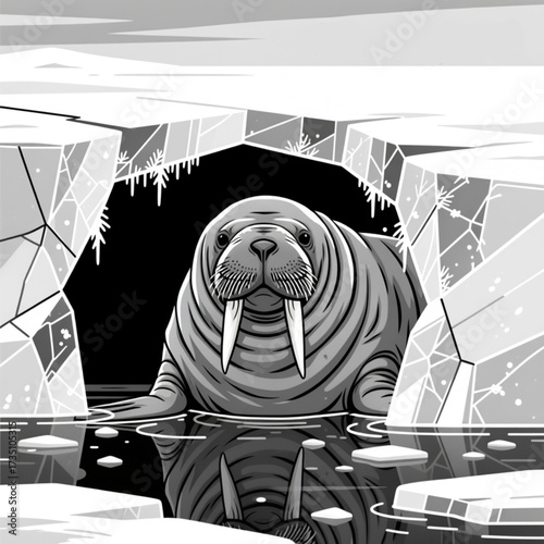 Walrus emerging from icy water with calm expression in monochrome background