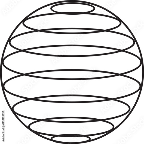 Geometric sphere outline with horizontal ellipses, abstract globe concept, black and white line art design element