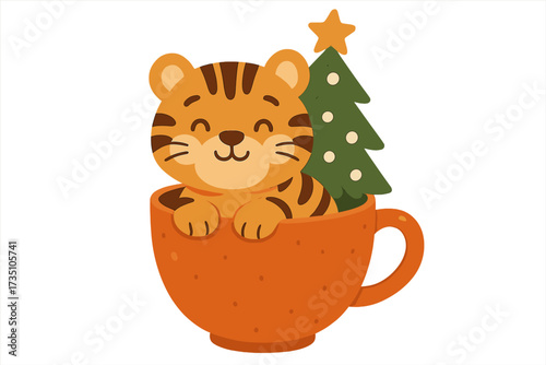 Cute tiger in cup with Christmas tree. Vector flat illustration. Happy New Year and Merry Christmas greeting card concept. Adorable cartoon character. Winter holiday animal mascot.