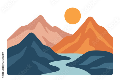 Hand-drawn abstract mountain landscape with river and sun. Modern minimalist vector art for poster design. Trendy colorful wall print for travel, hiking or adventure concept.