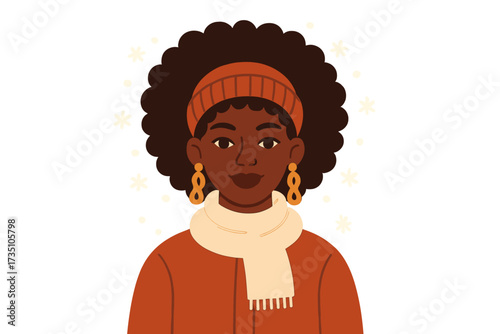 Winter portrait of a beautiful African American woman with natural afro hair. Stylish black girl wearing a winter coat, scarf, and hat. Modern flat vector character illustration.