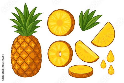 Pineapple set vector illustration. Whole fresh tropical ananas fruit, rings, slices, and wedges. Green leaves and juice drops. Cartoon graphic elements collection for design.